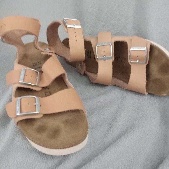 PAPILLIO by BIRKENSTOCK Beige LEATHER Ankle Strap ARIZONA PLATFORM SANDALS eu 41 - Picture 13 of 16